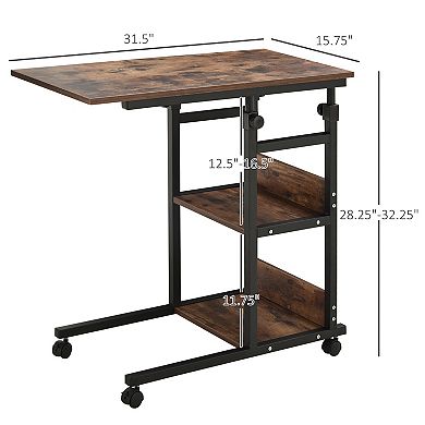 C-shaped Mobile Sofa Bed Side Table Adjust Height 3-tier Cart W/ Casters, Brake