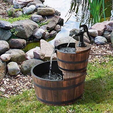Outsunny Wood Freestanding Fountain with 2 Tier Waterfall Barrel Electric Pump for Garden Decor Lawn Backyard
