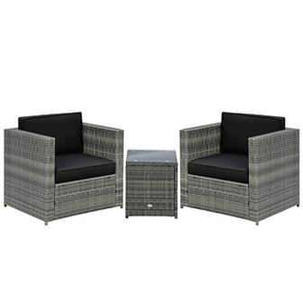 3 pc Patio Bistro Set Rattan Wicker Furniture, 2 Armchairs, Table, Black