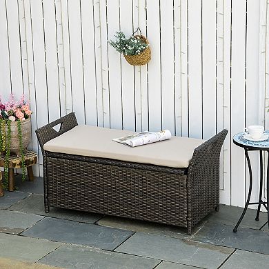 Outsunny 27 Gallon Outdoor Patio Wicker Storage Bench W/ Cushion Dark