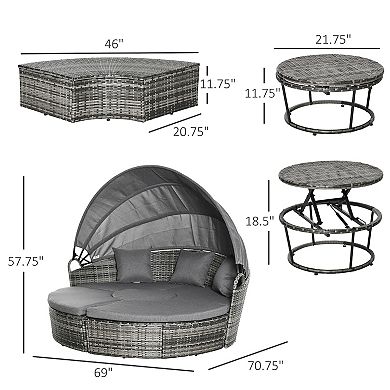 Outdoor Convertible Daybed, 4pc Furniture Set, Sofa, Tea Table, Chairs, Grey