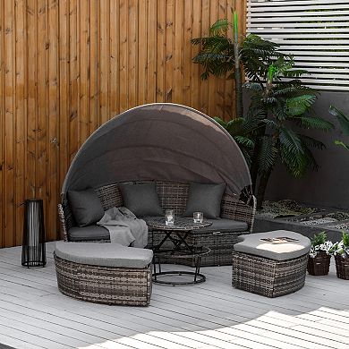 Outdoor Convertible Daybed, 4pc Furniture Set, Sofa, Tea Table, Chairs, Grey