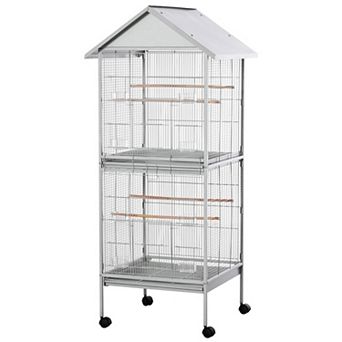 Wrought Metal Bird Cage Feeder With Perches Food Containers Wheels 67"