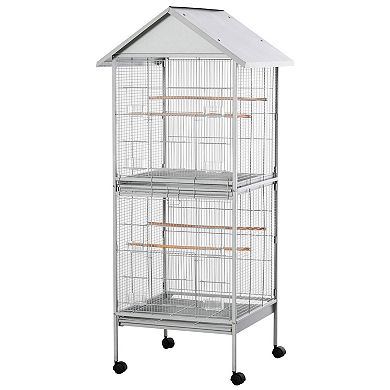 Wrought Metal Bird Cage Feeder With Perches Food Containers Wheels 67"