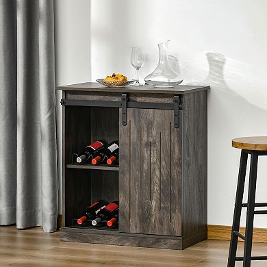 HOMCOM Industrial Sideboard Storage Cabinet Serving Bar Buffet with Sliding Barn Door and 6 Bottle Wine Rack Grey