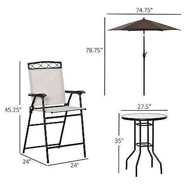 Outsunny 4 Piece Patio Bar Set for 2 with 6' Adjustable Tilt Umbrella, Outdoor Bistro Set with Folding Chairs & Glass Round Dining Table, Black