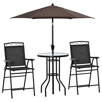Outsunny 4 pc Patio Bar Set for 2 with 6' Adjustable Tilt Umbrella, Outdoor Bistro Set with Folding Chairs & Glass Round Dining Table, Black