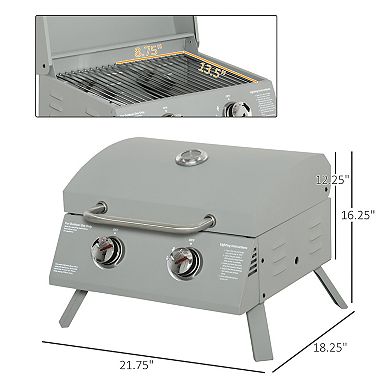 2 Burner Folding Tabletop Gas Bbq Grill W/ Lid, Thermometer, Carbon Steel, Grey