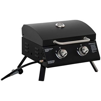2 Burner Folding Tabletop Gas Bbq Grill W/ Lid, Thermometer, Carbon Steel, Grey