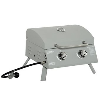 2 Burner Folding Tabletop Gas Bbq Grill W/ Lid, Thermometer, Carbon Steel, Grey