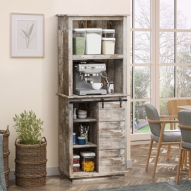 Rustic Wood Large Floor Cupboard Storage Cabinet W/5 Tier Shelves, Vintage Wood