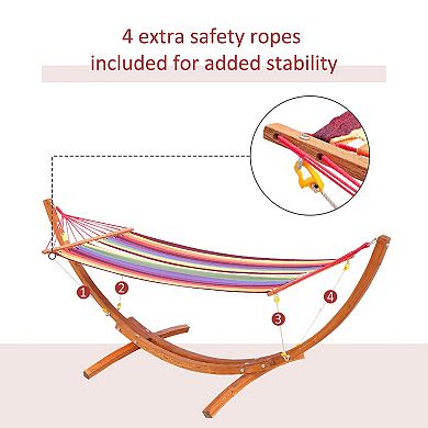 Wooden Curved Arc Hammock Stand With Cotton Hammock Outdoor Patio Swing Multicolor