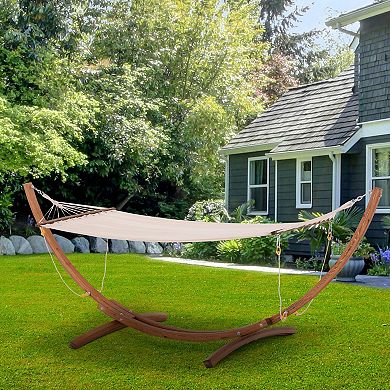 Wooden Curved Arc Hammock Stand With Cotton Hammock Outdoor Patio Swing Multicolor