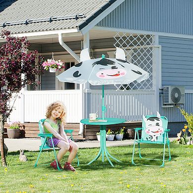 Kids Folding Picnic Table And Chair Set, W/ Adjustable Umbrella, White