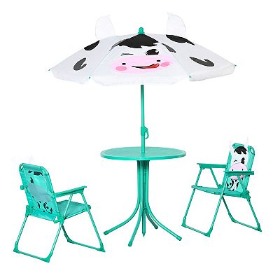 Kids Folding Picnic Table And Chair Set, W/ Adjustable Umbrella, White