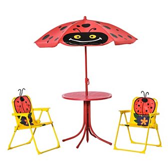 Kids Folding Picnic Table And Chair Set, W/ Adjustable Umbrella, White