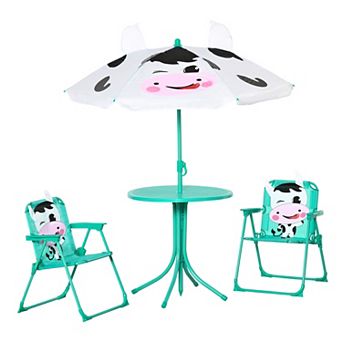 Kids Folding Picnic Table And Chair Set, W/ Adjustable Umbrella, White