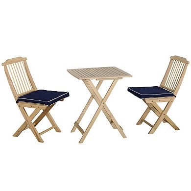 Outsunny 3 Piece Patio Bistro Set Folding Outdoor Wood Chairs and Table Set with Padded Cushions for Poolside Garden Natural