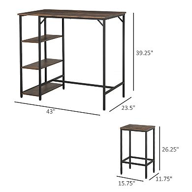 HOMCOM 3 Piece Counter Height Dining Table Set Bistro Table Set Kitchen Bar Table and Chairs Set with Storage Shelf Dining Room Industrial and StoolsRustic Brown