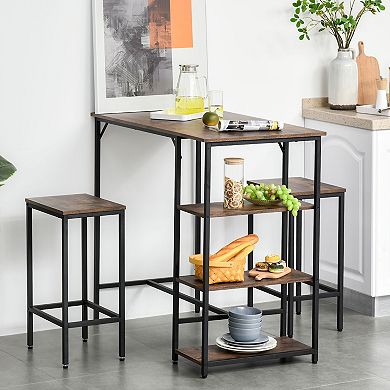 Rustic Dining Room Table And Armless Stool Chairs With Storage And Footrest Bars