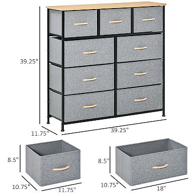 HOMCOM 9 Drawers Storage Chest Dresser Organizer Unit w/ Steel Frame Wood Top Easy Pull Fabric Bins for Bedroom Hallway Closet Entryway Black and Grey