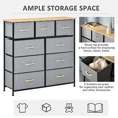 HOMCOM 9 Drawers Storage Chest Dresser Organizer Unit w/ Steel Frame Wood Top Easy Pull Fabric Bins for Bedroom Hallway Closet Entryway Black and Grey