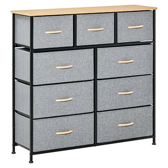 HOMCOM 9 Drawers Storage Chest Dresser Organizer Unit w/ Steel Frame Wood Top Easy Pull Fabric Bins for Bedroom Hallway Closet Entryway Black and Grey