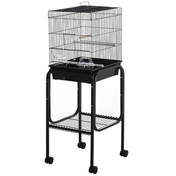 PawHut 44" Metal Indoor Bird Cage Starter Kit With Detachable Rolling Stand Storage Basket And Accessories  Black