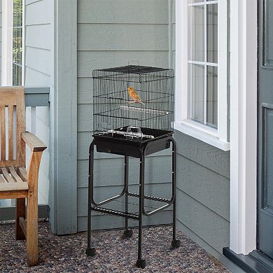 PawHut 44" Metal Indoor Bird Cage Starter Kit With Detachable Rolling Stand Storage Basket And Accessories Black