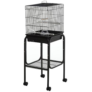 PawHut 44" Metal Indoor Bird Cage Starter Kit With Detachable Rolling Stand Storage Basket And Accessories Black