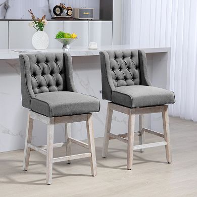 Set Of 2 Bar Height Stools, 28" W/ Swivel & Wooden Legs For Kitchen, Grey