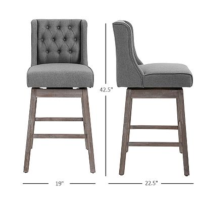 Set Of 2 Bar Height Stools, 28" W/ Swivel & Wooden Legs For Kitchen, Grey