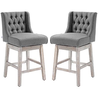 Set Of 2 Bar Height Stools, 28" W/ Swivel & Wooden Legs For Kitchen, Grey