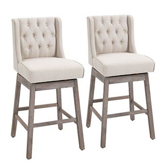 Set Of 2 Bar Height Stools, 28" W/ Swivel & Wooden Legs For Kitchen, Grey