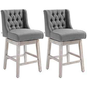 Set Of 2 Bar Height Stools, 28" W/ Swivel & Wooden Legs For Kitchen, Grey