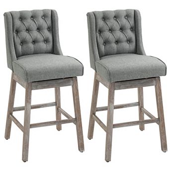 Set Of 2 Bar Height Stools, 28" W/ Swivel & Wooden Legs For Kitchen, Grey