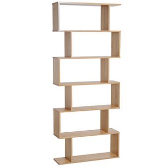 HOMCOM 75"H Bookcase 6 Shelf S Shaped Bookshelf Wooden Storage Display Stand Shelf Organizer Free Standing Oak