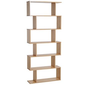 HOMCOM 75"H Bookcase 6 Shelf S Shaped Bookshelf Wooden Storage Display Stand Shelf Organizer Free Standing Oak