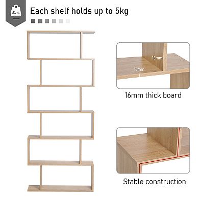 HOMCOM 75"H Bookcase 6 Shelf S Shaped Bookshelf Wooden Storage Display Stand Shelf Organizer Free Standing Oak