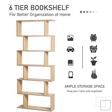 HOMCOM 75"H Bookcase 6 Shelf S Shaped Bookshelf Wooden Storage Display Stand Shelf Organizer Free Standing Oak