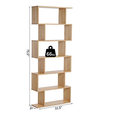 HOMCOM 75"H Bookcase 6 Shelf S Shaped Bookshelf Wooden Storage Display Stand Shelf Organizer Free Standing Oak