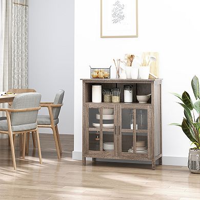 Oak Wood Dining Storage Buffet With Open Shelves And Enclosed Cabinet