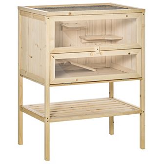 3 tier Wooden Hamster Habitat Play Cage For Small Animals W/ Platforms, Natural