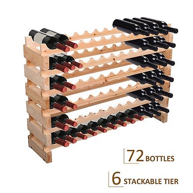 72 Bottle Stackable Modular 6 Row Home Wood Wine Storage Rack
