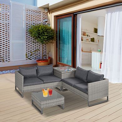 4pc Backyard & Deck Conversation Couch Set W/ Steel Frame & Wicker Design, Grey