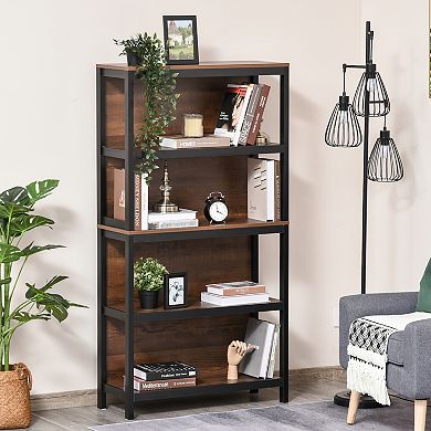 HOMCOM 4 Tier Bookshelf Utility Storage Shelf Organizer with Back Support and Anti Topple Design Walnut/Black