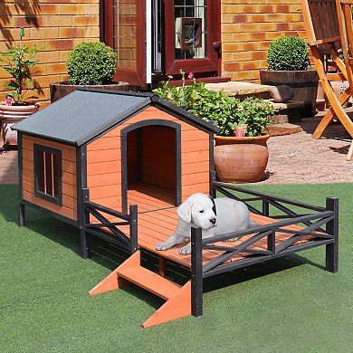 Pawhut Wooden Dog House W/ Porch, Water-resistant Roof, For S M Dogs