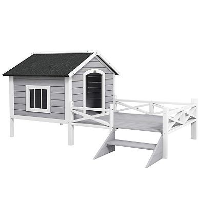 Pawhut Wooden Dog House W/ Porch, Water-resistant Roof, For S M Dogs