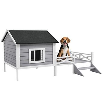 Pawhut Wooden Dog House W/ Porch, Water-resistant Roof, For S M Dogs