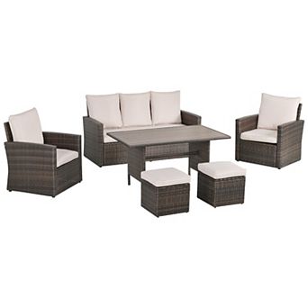 Outsunny 6 pc Patio Dining Set All Weather Rattan Wicker Furniture Set with Wood Grain Top Table and Soft Cushions Beige